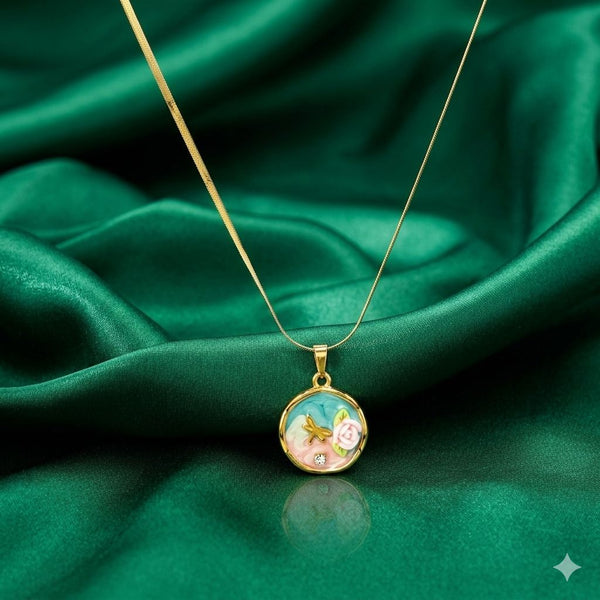 Priva Floral Enamel Gold Pendant Necklace.