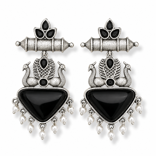 Oxidised Silver Look Peacock Motif Earrings with Black Stone & Pearl Drops