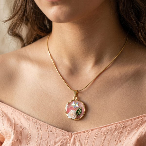 Priva Pink Rose Enamel Gold Pendant Necklace
