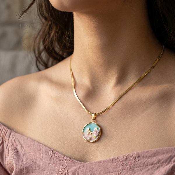 Priva Floral Enamel Gold Pendant Necklace.
