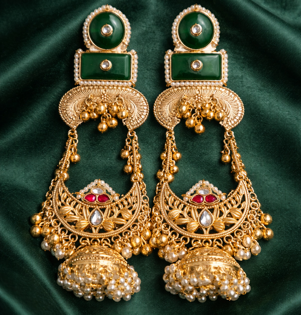Priva Maharani Jhumkas with Green Stones