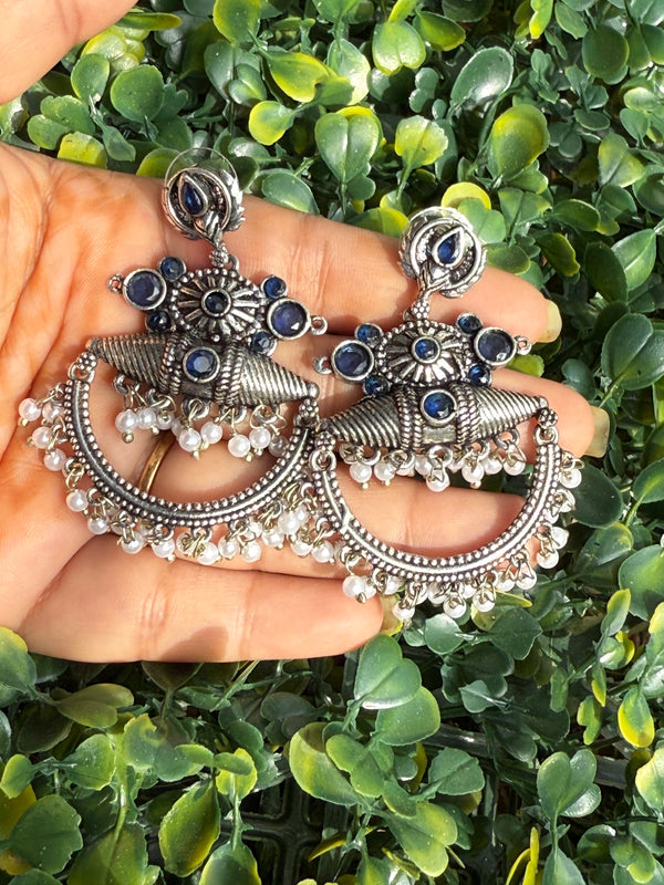 Handcrafted Oxidised SilverBlue Stone Look Chandbali Earrings with Blue Stones & Pearl Drops