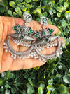 Oxidized Silver Green Stone & Pearl Ethnic Earrings | Chandbali Statement Jewelry