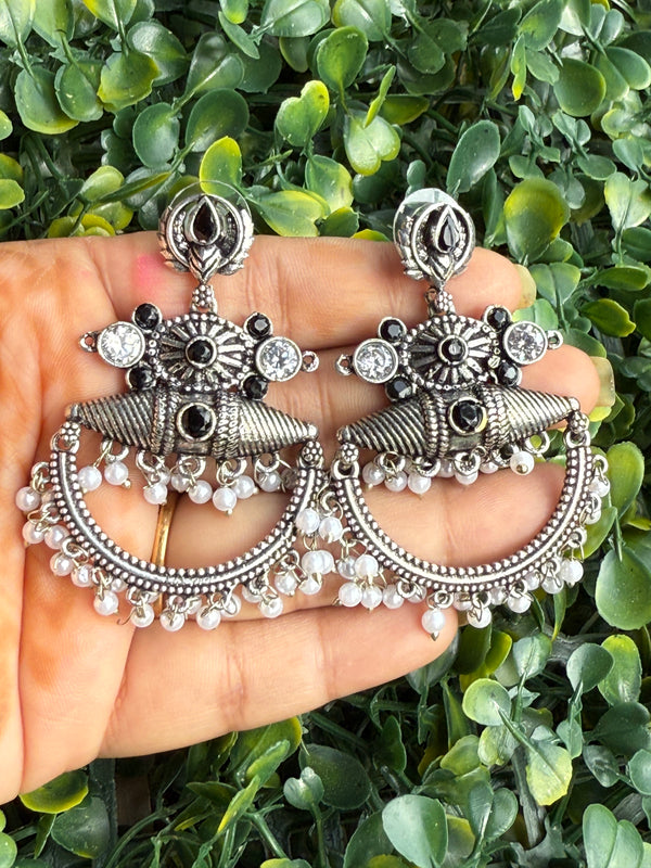 Oxidized Silver Black Stone & Pearl Chandbali Earrings|Ethnic Statement Jewelry