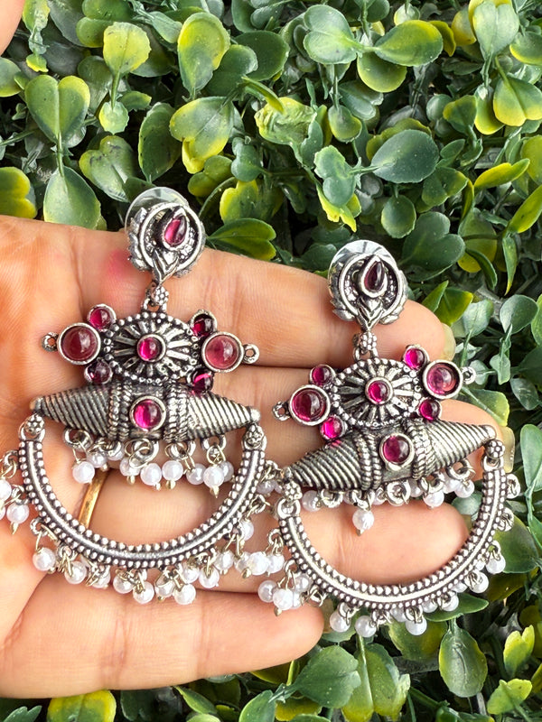 Oxidized Silver Ruby Pink Stone & Pearl Chandbali Earrings|Ethnic Statement Jewelry