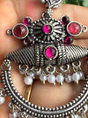 Oxidized Silver Ruby Pink Stone & Pearl Chandbali Earrings|Ethnic Statement Jewelry