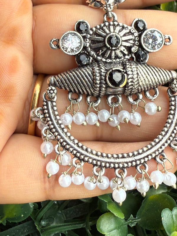 Oxidized Silver Black Stone & Pearl Chandbali Earrings|Ethnic Statement Jewelry
