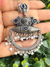 Handcrafted Oxidised SilverBlue Stone Look Chandbali Earrings with Blue Stones & Pearl Drops
