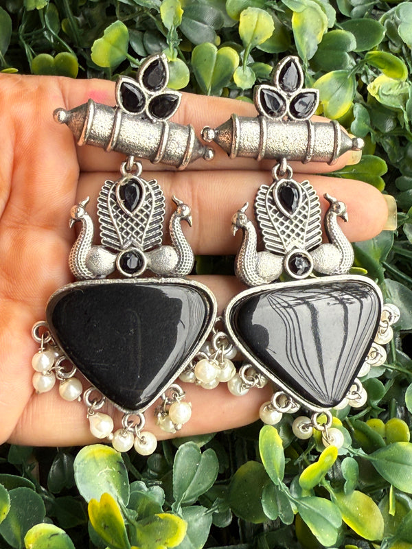 Oxidised Silver Look Peacock Motif Earrings with Black Stone & Pearl Drops