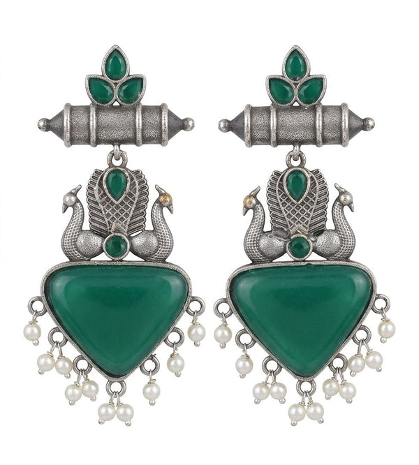 Oxidised Silver Look Peacock Earrings with Green Stone & Pearl Drops