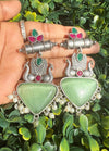 Oxidised Silver Look Peacock Earrings with SageGreen Stone & Pearl Drops