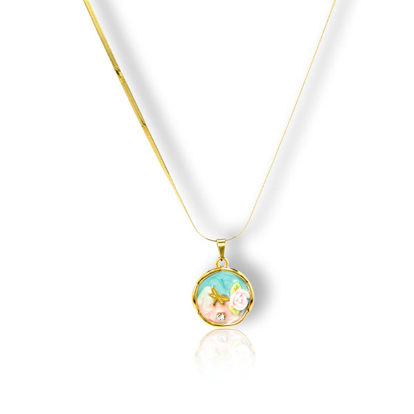 Priva Floral Enamel Gold Pendant Necklace.
