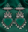 Oxidised Silver Look Peacock Earrings with Green Stone & Pearl Drops