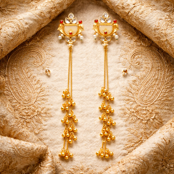 Antique Gold Long Bridal Earrings with Kundan & Ghungroo