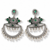 Oxidized Silver Green Stone & Pearl Ethnic Earrings | Chandbali Statement Jewelry