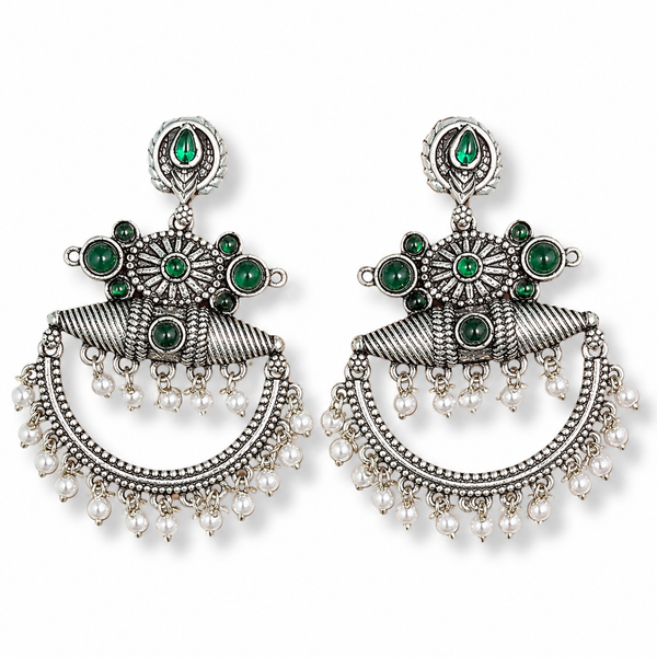 Oxidized Silver Green Stone & Pearl Ethnic Earrings | Chandbali Statement Jewelry