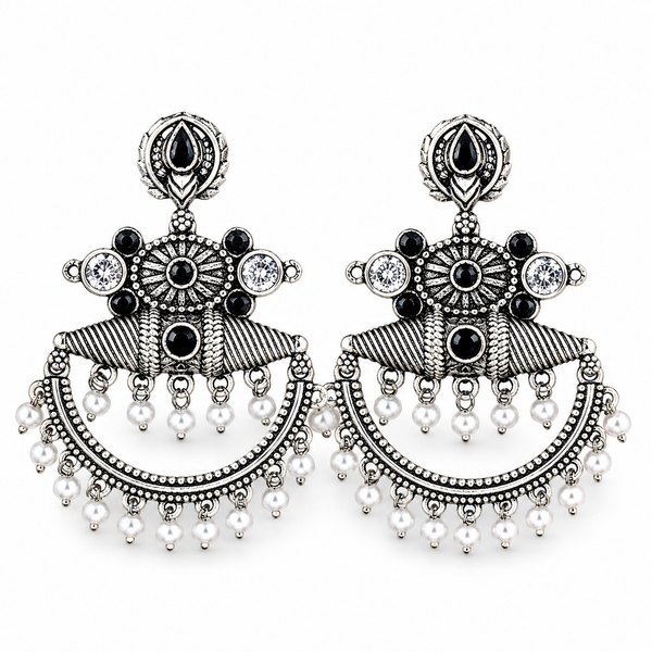 Oxidized Silver Black Stone & Pearl Chandbali Earrings|Ethnic Statement Jewelry