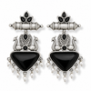 Oxidised Silver Look Peacock Motif Earrings with Black Stone & Pearl Drops