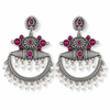 Oxidized Silver Ruby Pink Stone & Pearl Chandbali Earrings|Ethnic Statement Jewelry