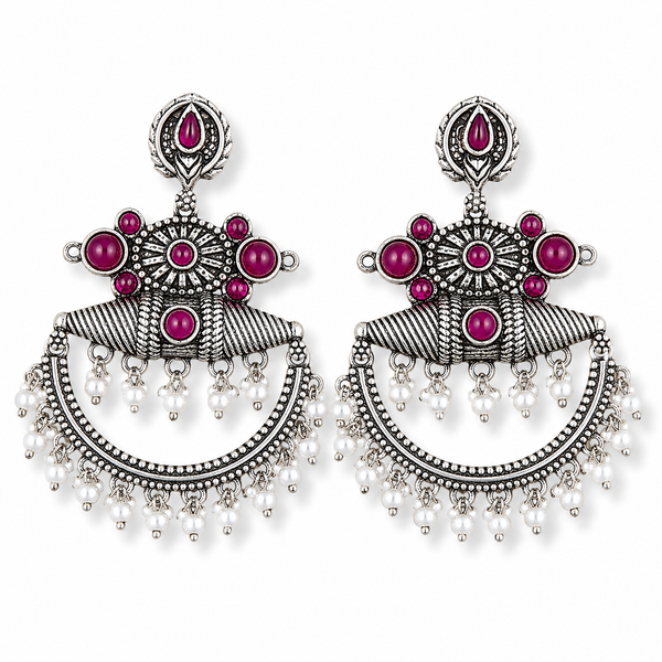 Oxidized Silver Ruby Pink Stone & Pearl Chandbali Earrings|Ethnic Statement Jewelry