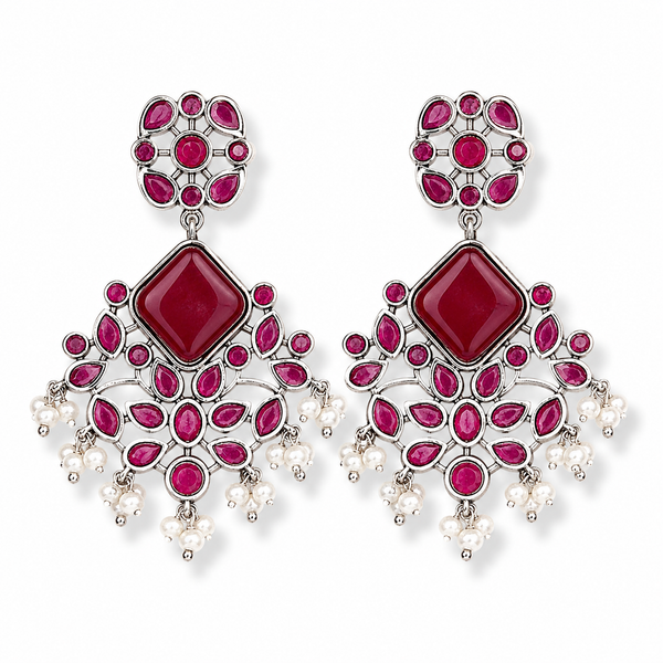 Priva Oxidized Brass Pink Stone & Pearl Drop Earrings