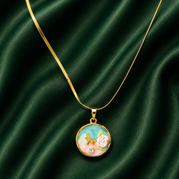 Priva Floral Enamel Gold Pendant Necklace.