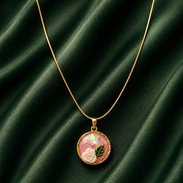 Priva Pink Rose Enamel Gold Pendant Necklace