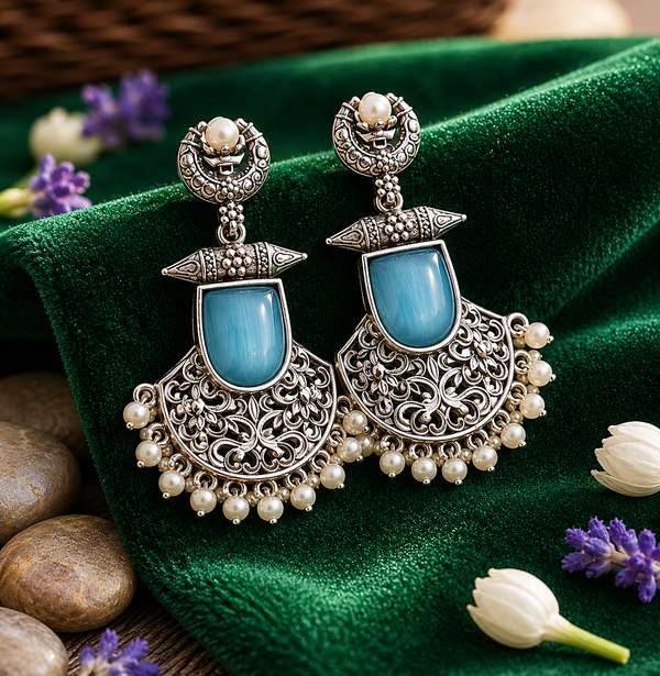 Chaand Saaj Earrings With Sky Blue Stone