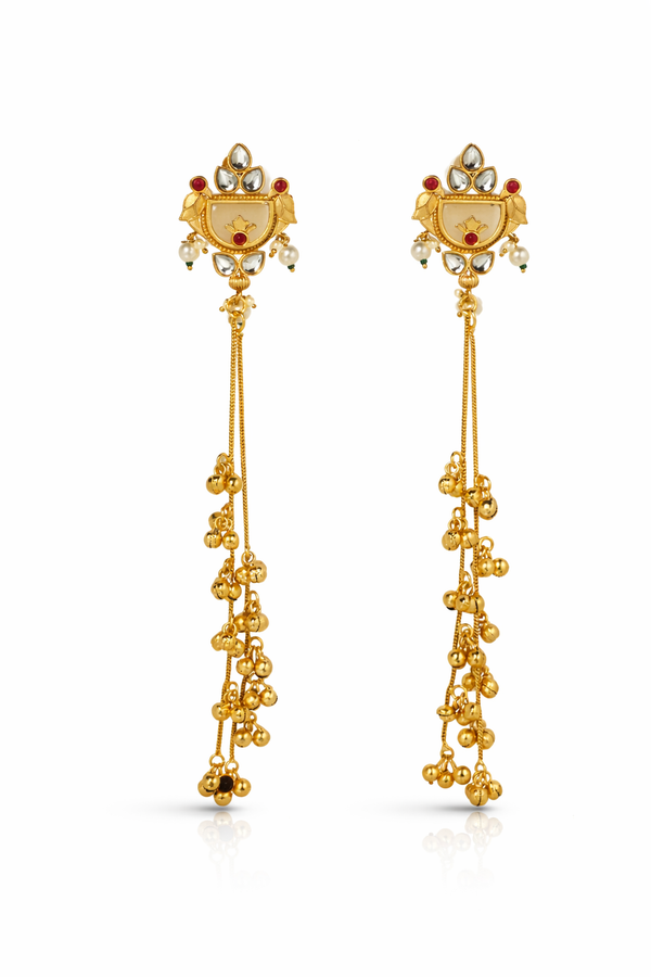 Antique Gold Long Bridal Earrings with Kundan & Ghungroo