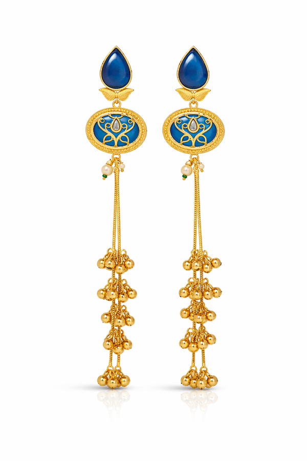 Antique Gold Long Temple Earrings with Blue Enamel | Priva Jewellery