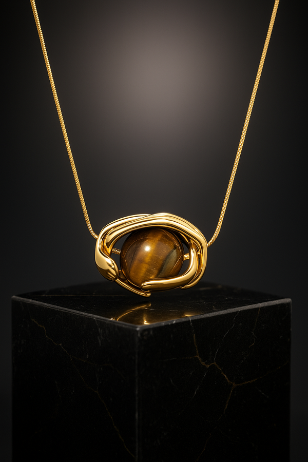 Priva Tiger Eye Stone Gold Pendant Necklace