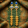 Antique Gold Long Temple Earrings with Blue Enamel | Priva Jewellery