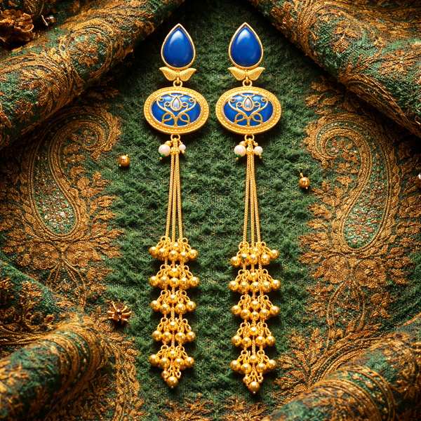 Antique Gold Long Temple Earrings with Blue Enamel | Priva Jewellery