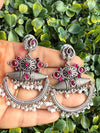 Oxidized Silver Ruby Pink Stone & Pearl Chandbali Earrings|Ethnic Statement Jewelry