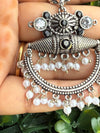 Oxidized Silver Black Stone & Pearl Chandbali Earrings|Ethnic Statement Jewelry