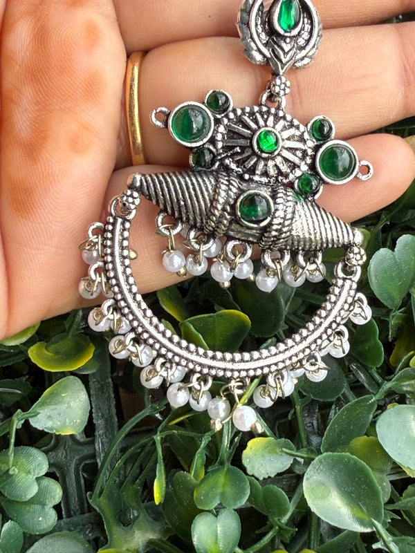 Oxidized Silver Green Stone & Pearl Ethnic Earrings | Chandbali Statement Jewelry