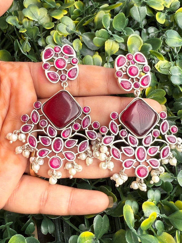 Priva Oxidized Brass Pink Stone & Pearl Drop Earrings