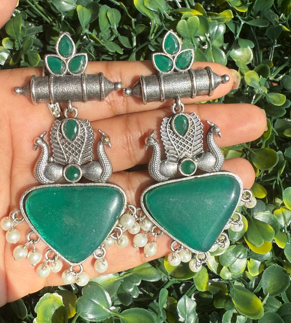 Oxidised Silver Look Peacock Earrings with Green Stone & Pearl Drops
