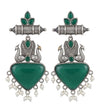 Oxidised Silver Look Peacock Earrings with Green Stone & Pearl Drops