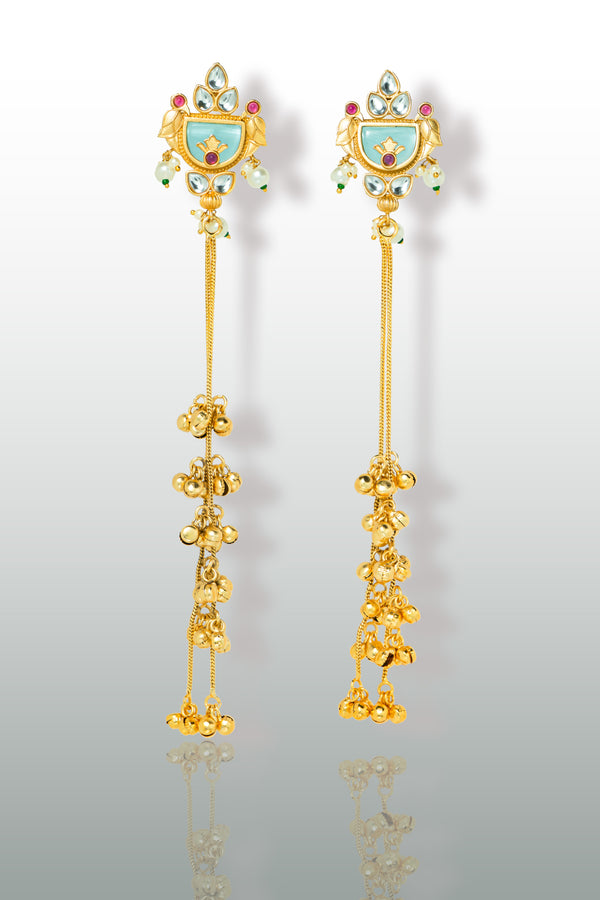 Priva Antique Gold Long Jhumka Earrings with Mint Enamel & Kundan Detailing