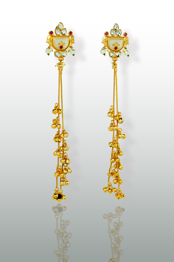 Antique Gold Long Bridal Earrings with Kundan & Ghungroo