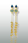 Antique Gold Long Temple Earrings with Blue Enamel | Priva Jewellery