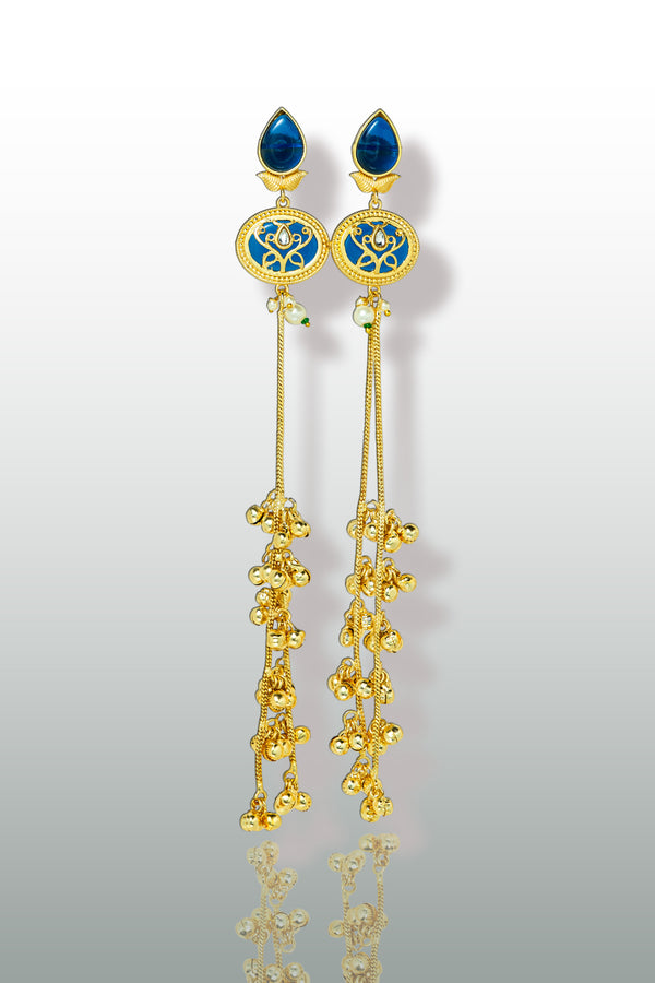 Antique Gold Long Temple Earrings with Blue Enamel | Priva Jewellery