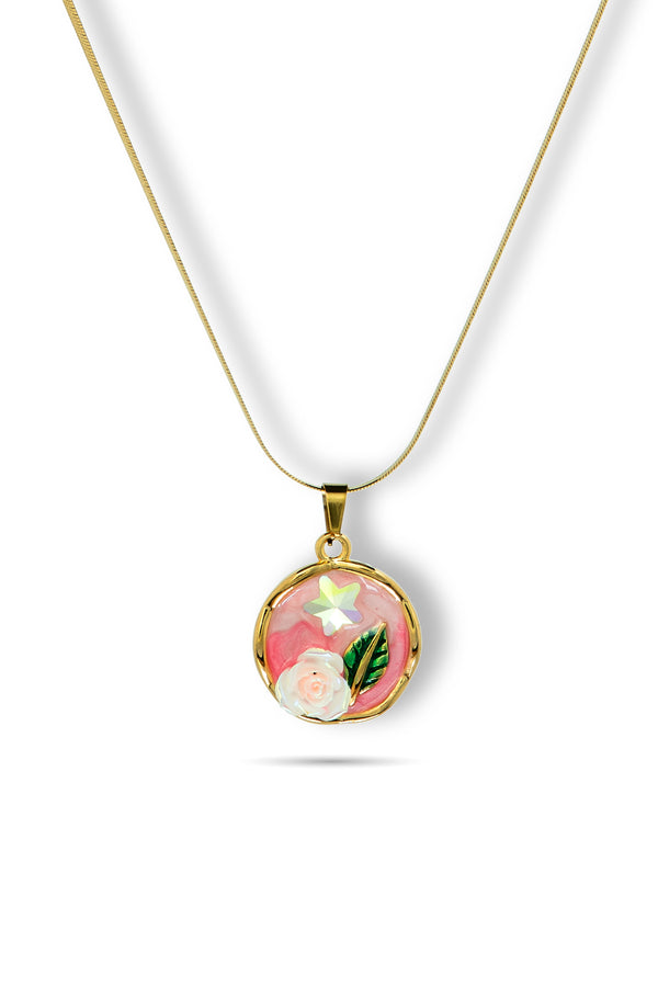 Priva Pink Rose Enamel Gold Pendant Necklace