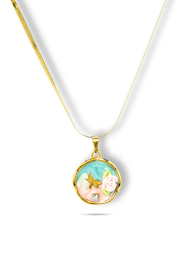 Priva Floral Enamel Gold Pendant Necklace.